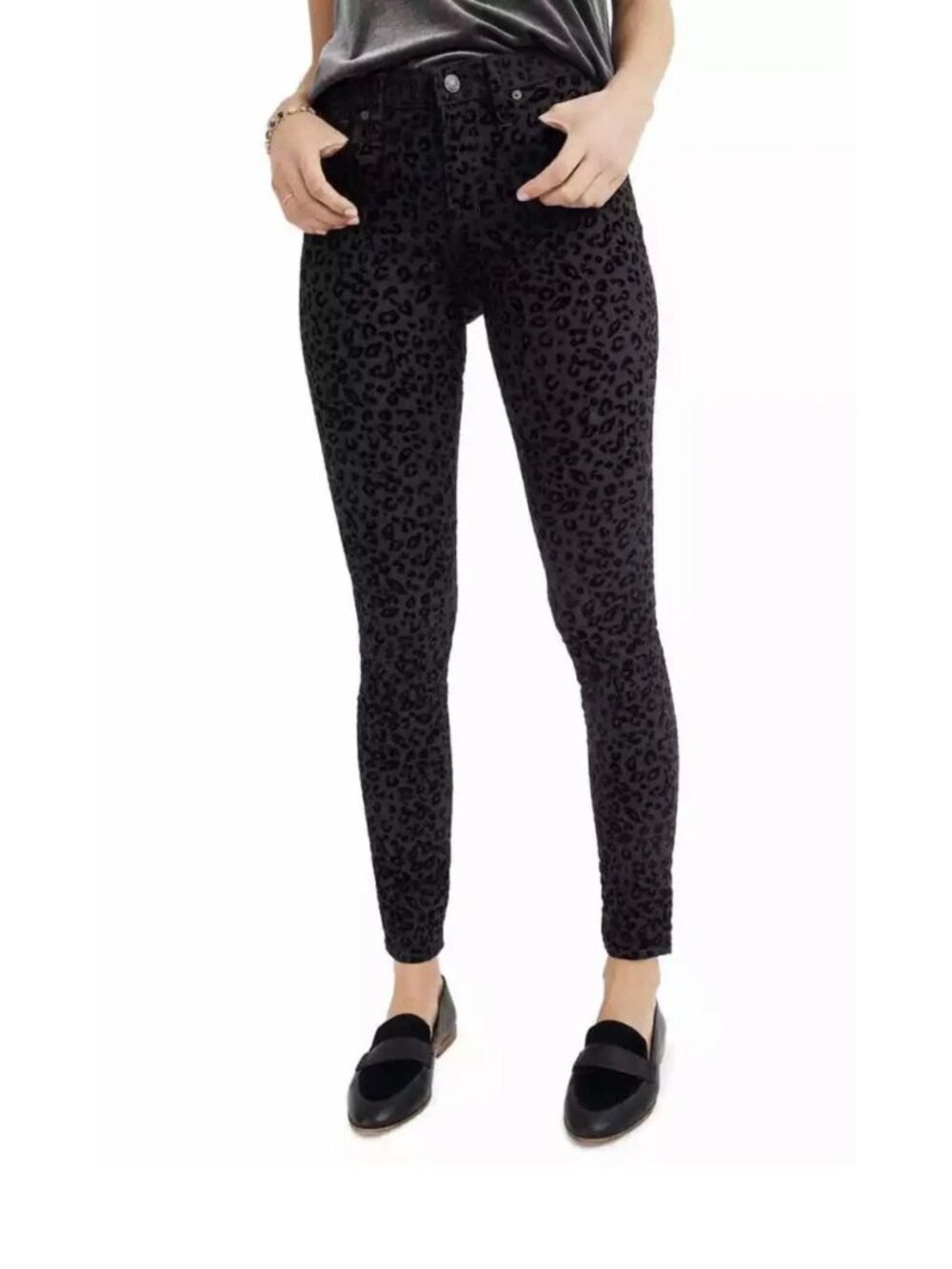 *Madewell 9" Mid-Rise Skinny Pant Womens Size 31 Black Flocked Velvet Leopard - Picture 2 of 10
